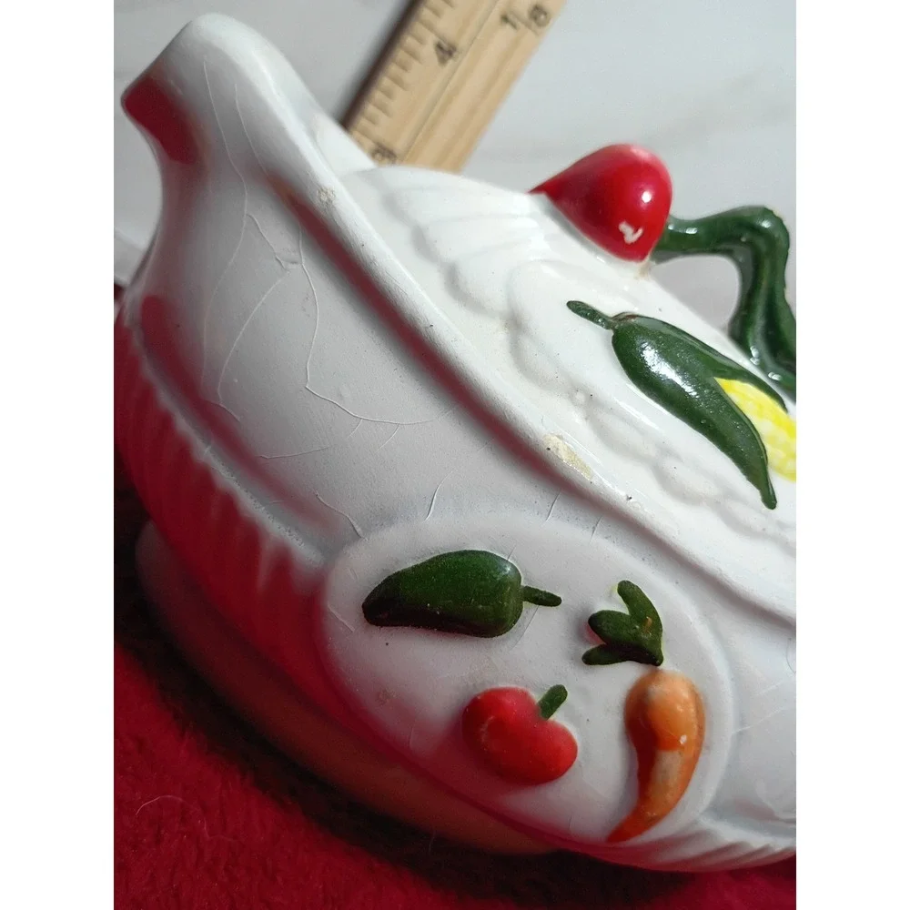 Vintage Ceramic Gravy Boat with Lid Vegetable Harvest Corn Carrot Radish White